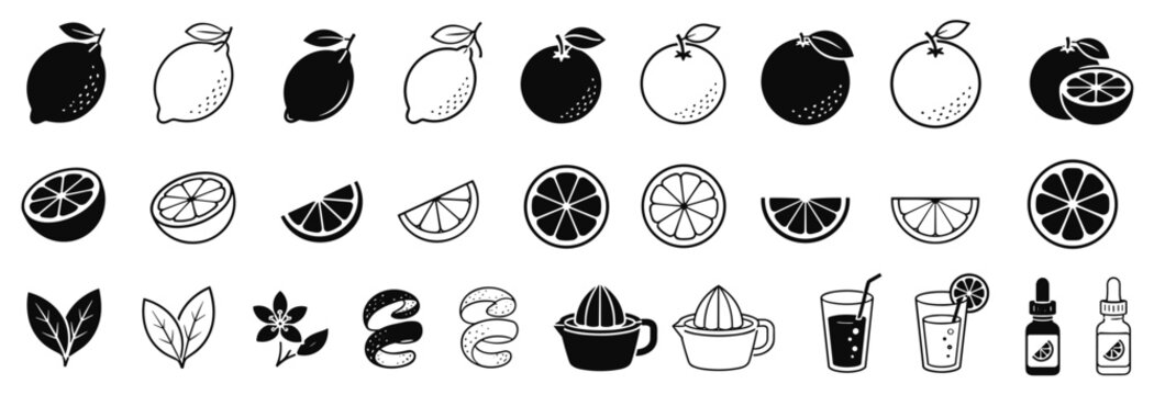 Set of black and white citrus icons showing lemon and orange fruits, slices, juice, leaves, a flower, peel, a squeezer, and an essential oil bottle in a simple graphic style