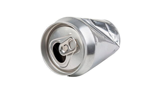 Crushed and crumpled silver aluminum soda can waste isolated on transparent background cut out