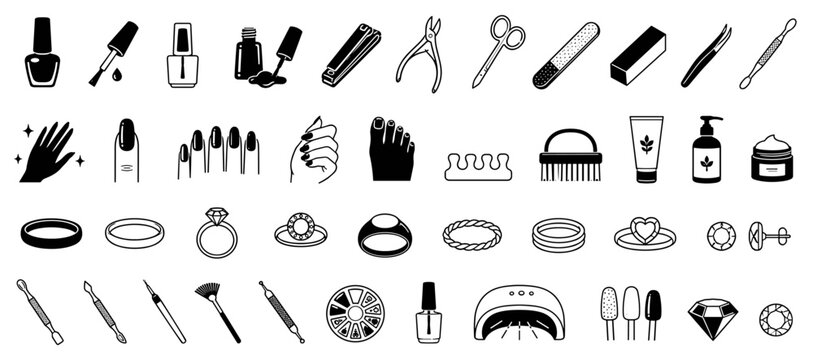 Large set of black and white icons for manicure, pedicure, nail art, and jewelry, including tools like polish, files, clippers, and accessories like rings and gems
