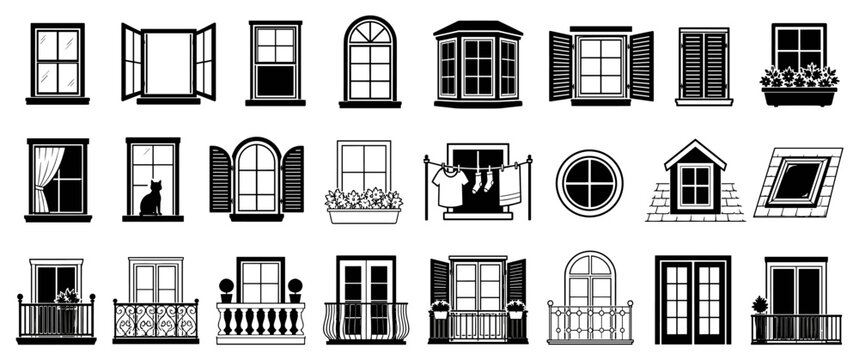 Diverse set of black and white window icons shows various architectural styles, including casement, arched, bay, and dormer types with shutters, balconies, and flower boxes