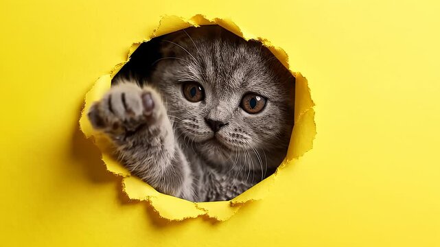 Adorable Scottish Fold kitten peeking through a hole in a bright yellow paper wall, capturing curious and playful expressions in high quality studio lighting.