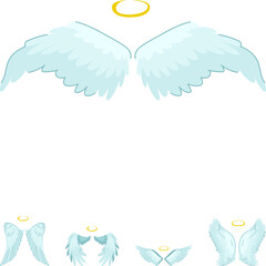 Fototapeta premium Different styles of cartoon angel wings feature light blue feathers and distinct golden halos, offering versatile elements for themes of divinity, spirituality, purity, and celebration