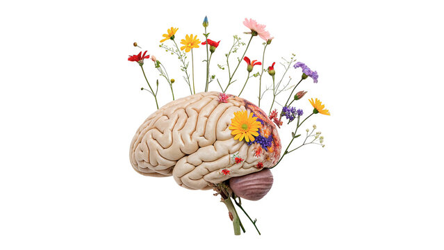 Human brain model with blooming colorful spring wildflowers growing isolated on transparent background cut out
