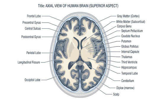 Labeled coronal brain diagram showing cortical and subcortical structures.