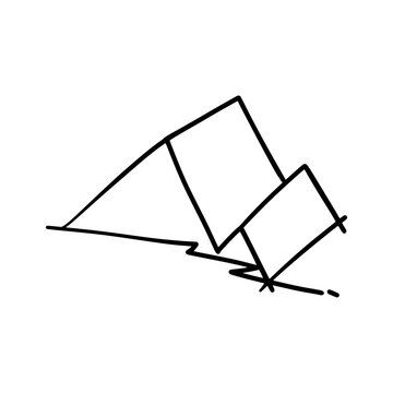Hand drawn sketch logo with simple line of a mountain with the river 
