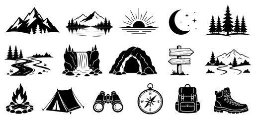 Obraz premium Set of black hiking and camping icons showing mountains, forests, a tent, a campfire, a compass, and other adventure equipment in a minimalist graphic style