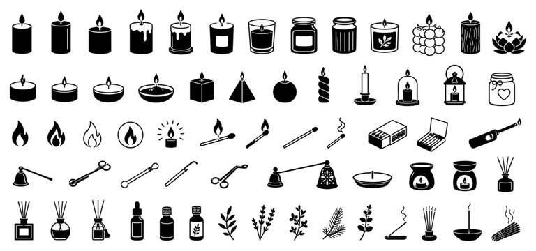 Large collection of black silhouette icons depicting candles, aromatherapy items, and fire accessories like matches and oil burners in a minimalist vector style