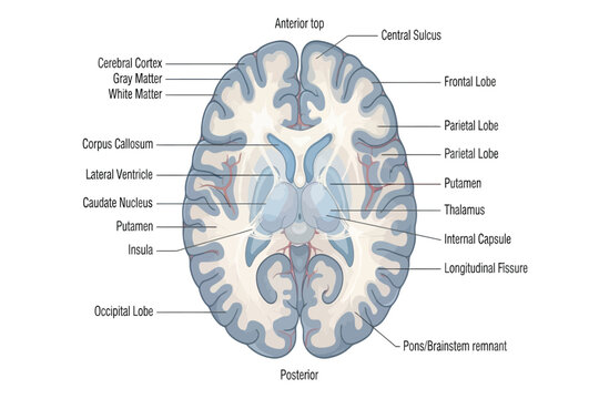 Labeled coronal section of human brain showing major internal structures.