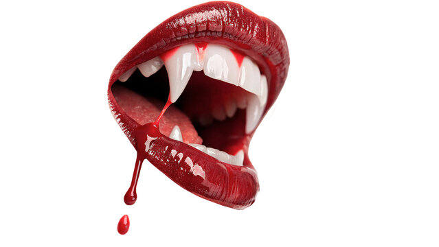 Glossy red lips vampire mouth showing sharp white fangs isolated on transparent background cut out