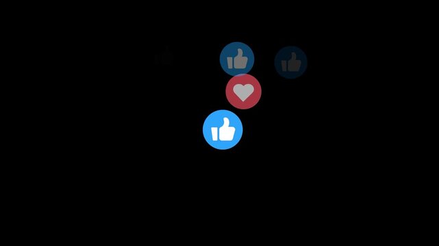 Social Media Like and Love Reaction Icons Floating Animation on Black Background
