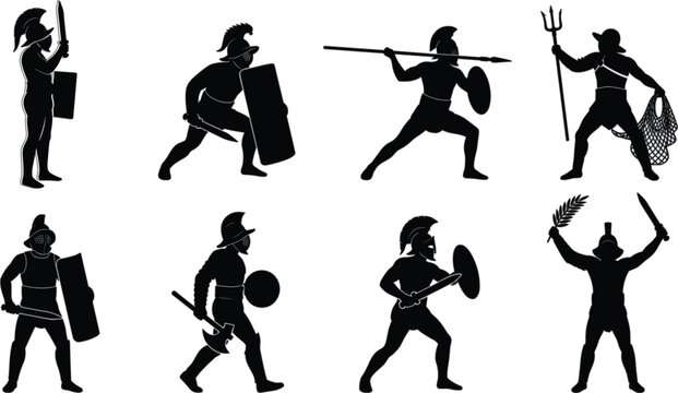 Set of ancient Roman gladiator silhouettes in battle poses with swords shields tridents and spears on white background