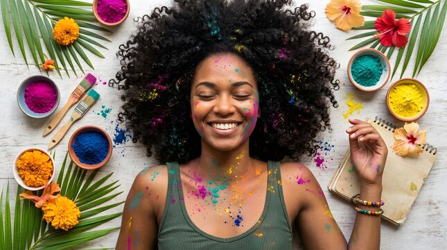 Woman celebrating holi with colorful powder and flowers
