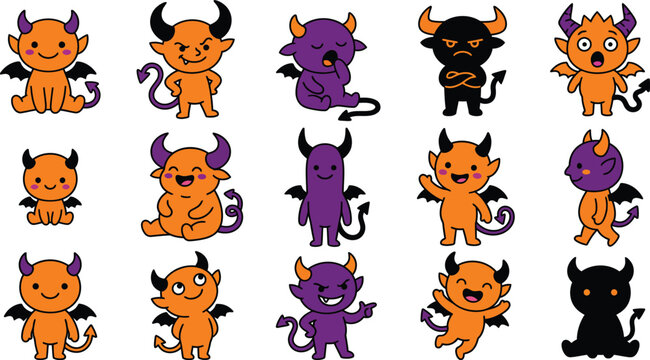 Cute Halloween Devil Icon Set with Orange, Purple, and Black Cartoon Demon Characters Featuring Horns, Tails, and Pitchforks