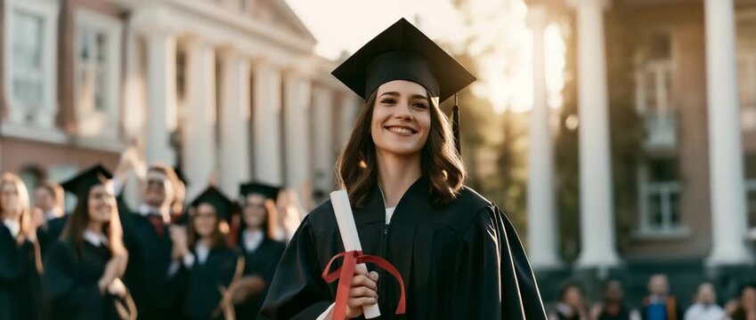 Smiling Graduate Holding Diploma on Graduation Day.