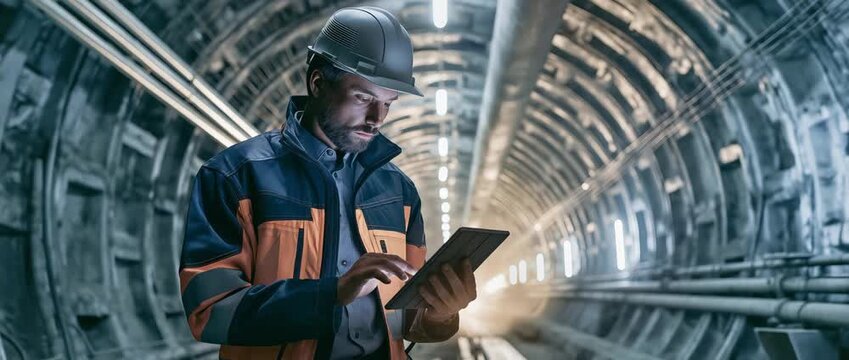 Engineer Using Digital Tablet in Underground Tunnel