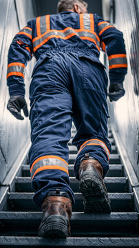 Back view of an industrial worker or technician in reflective jumpsuit climbing up a steel staircase inside a factory or vessel.