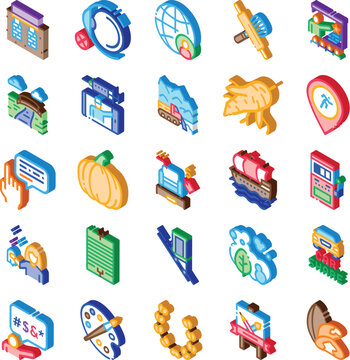 Collection of colorful 3d isometric icons illustrating a wide range of subjects including business, technology, finance, social media, transportation, nature, and creative arts