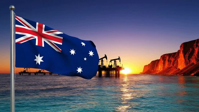 Australian flag waving over offshore oil rig at sunset, energy industry concept