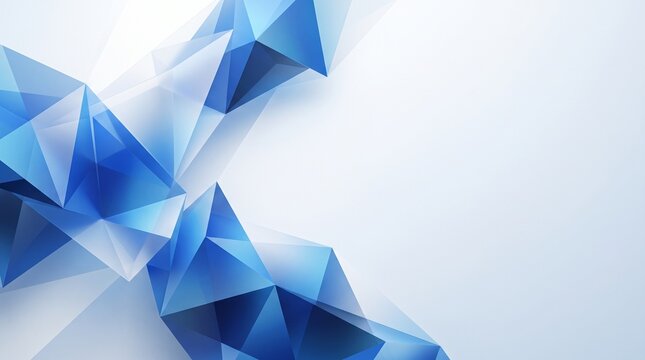 Blue polygons form a corporate background with geometric shapes