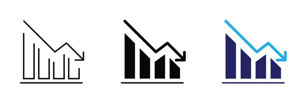Decline graph icon set. Includes decrease chart symbols, falling bar graphs, and downward trend arrows. Vector icons for financial loss, economic crisis, and business analytics.