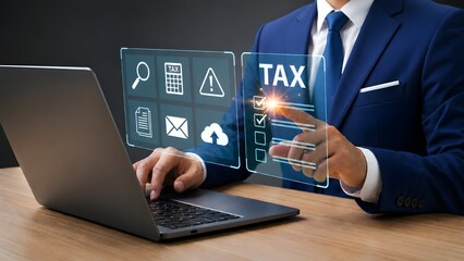 Fototapeta premium Online tax filing concept with accountant using holographic checklist and financial icons