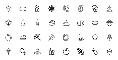 Thanksgiving icon set. Harvest vector icons pack. Autumn symbol collection. Includes acorn, pumpkin, candles, sunflower, turkey, strawberry jam, mushroom, chicken, maple, pear, beer, cake, pie, apple, © wang
