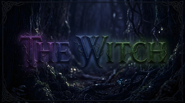 A dark and atmospheric fantasy typography design featuring the text "THE WITCH" with a subtle color gradient from purple to green against a eerie, misty forest background at night.
