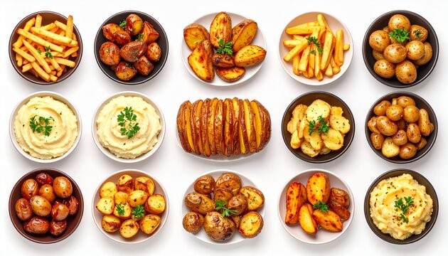 Realistic close-up top view of roasted potatoes, potato wedges, French fries, Hasselback potatoes, mashed potatoes, jacket potatoes, white background.