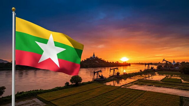 Waving flag of myanmar over scenic sunset landscape with oil pumps and river burma
