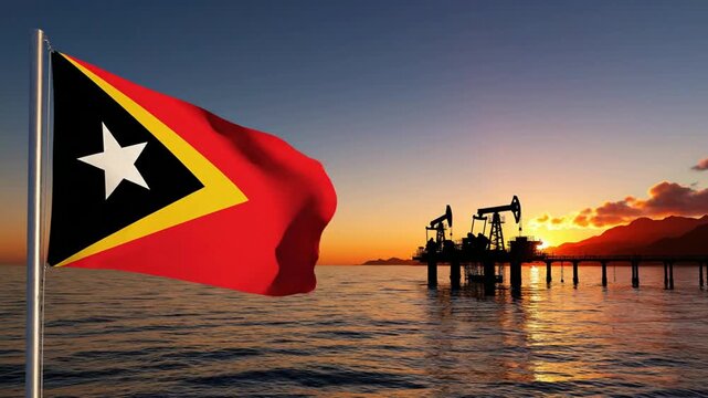 East timor flag waving against offshore oil rig platform at sunset, energy industry concept timor-leste