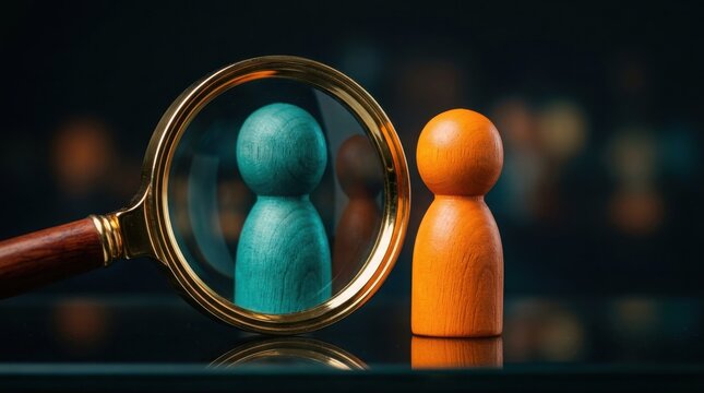 Magnifying glass focusing on a wooden figure in a professional business concept