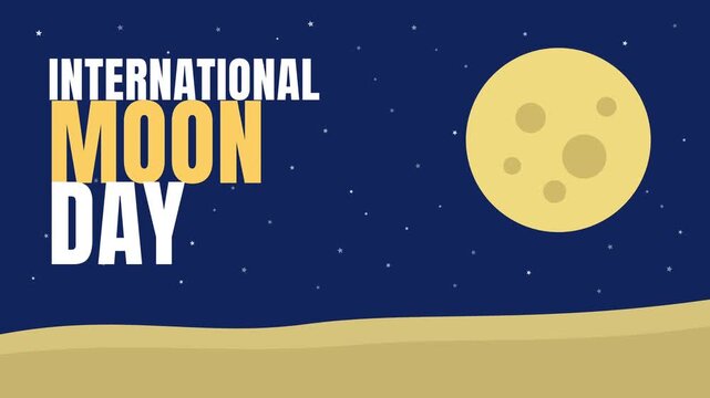 International moon day with full moon glowing over lunar surface starry night animation