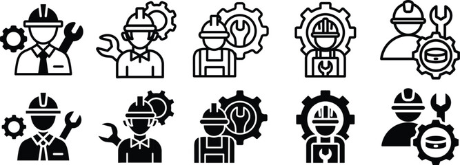 Fototapeta premium Engineer and mechanic vector icons set with gears and tools.