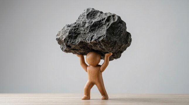 Wooden figure lifting a heavy dark stone on a neutral background studio shot