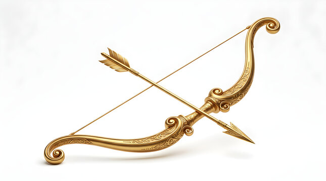 Golden bow and arrow isolated on white background