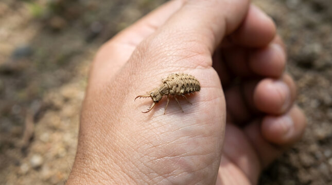 A shot of an antlion larva with large prominent mandibles resting on a human hand.