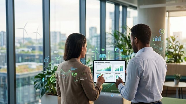Business professionals analyzing ESG growth charts and renewable energy data on digital tablet in modern office with green city view