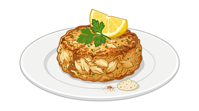 Maryland style crab cake served on white plate with lemon wedge and tartar sauce vector illustration