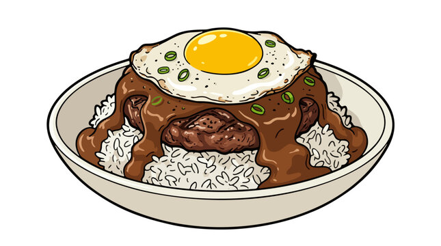 Hawaiian loco moco dish with white rice beef patty brown gravy and sunny side up fried egg vector illustration