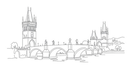 Obraz premium Charles Bridge Prague sketch, iconic landmark, architectural drawing, travel landmark