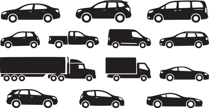 Diverse collection of vehicle silhouettes including sedans, SUVs, minivans, pickup trucks, vans, and large freight semi trucks in vector.