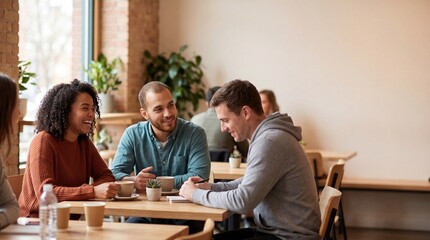 Fototapeta premium Group of diverse friends meeting at coffee shop, laughing and talking together, socializing and networking concept, casual lifestyle and communication