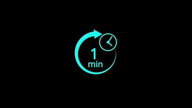 1 Minutes Clock Animation with Circular Arrow Loop and Black Background for Time Management and Deadlines.Animation video timer icon with five min. timer 1 minutes countdown ..