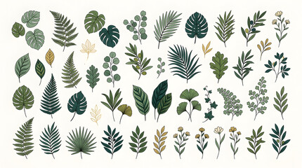 Naklejka premium Botanical Collection of Hand Drawn Leaves, Organic Foliage Sprigs, and Decorative Laurel Wreaths for Nature Design