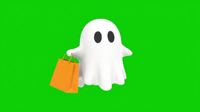 Cute Halloween Ghost Holding Shopping Bag On Green Screen. 4K Video