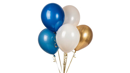 Bunch of festive glossy dark blue white and gold helium balloons isolated on transparent background cut out © 1png-stock