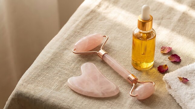 Pink quartz face roller and gua sha stone with essential oil bottle for natural skincare beauty ritual. flawless complexion guide