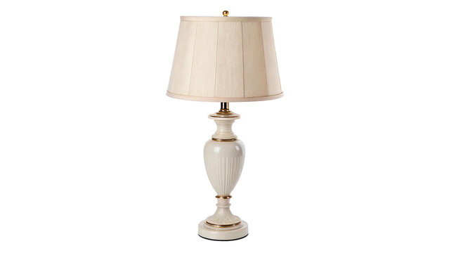 Modern minimalist table desk lamp with beige shade and slim stand isolated on transparent background cut out