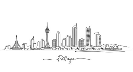 Obraz premium Pattaya Skyline Drawing - Continuous Line Art of Thailand Cityscape