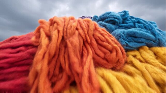 Large pile of colorful fabric bundles stacked outdoors under cloudy sky with vibrant textile material in various shades and hues creating a striking pattern
